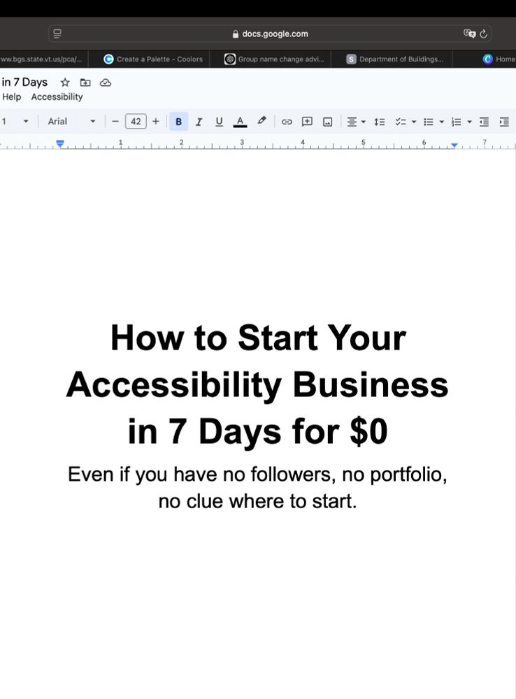 A screenshot of an eBook that reads "How to start your accessibility business in 7 days for $0"