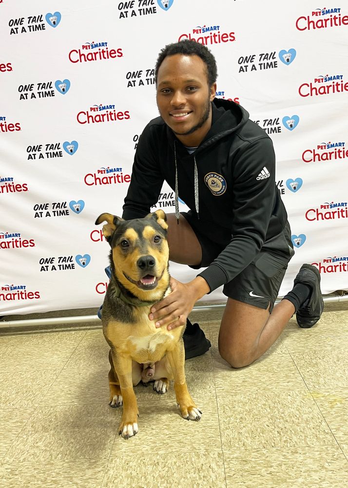 a person in a black hoodie and shorts kneels down with their hands on ferdie. they’re smiling and posing for a portrait together in front of a step and repeat with the logos of PetSmart Charities and One Tail at a Time.