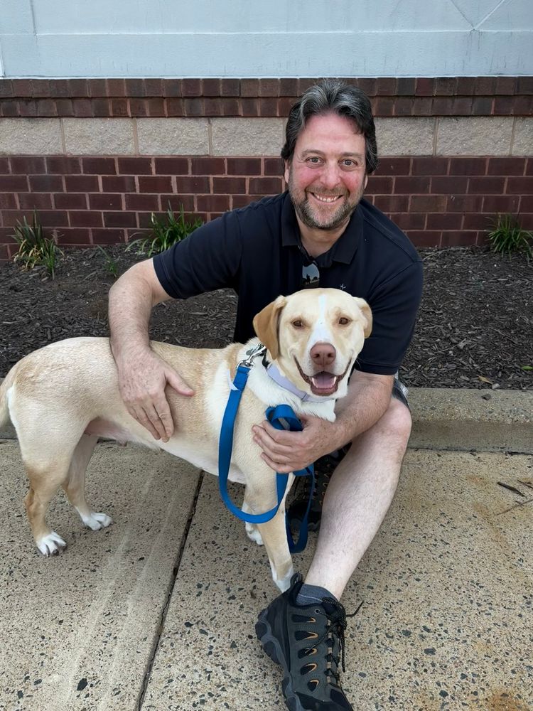 the blond and white pup Sandy stands next to a seated person in a black shirt. both are smiling up at the camera, now family. 