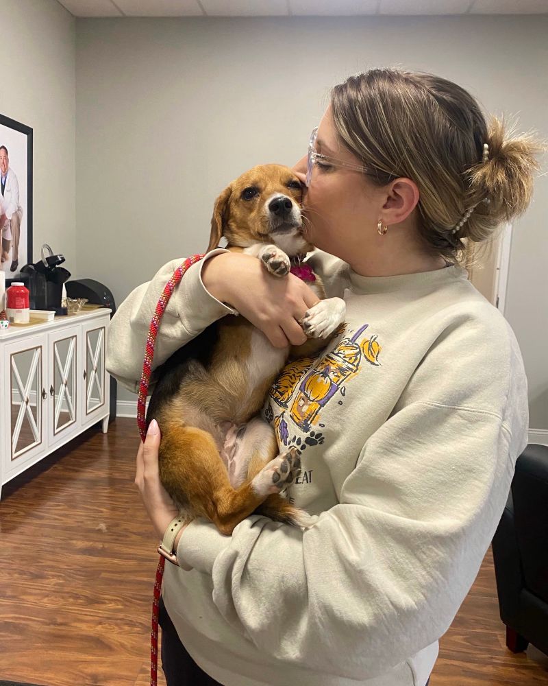 Roux is snuggled up in a person’s arms as they lean in to give her a kiss on the cheek. she’s got her booty supported and her front paws hooked over the human’s hand.