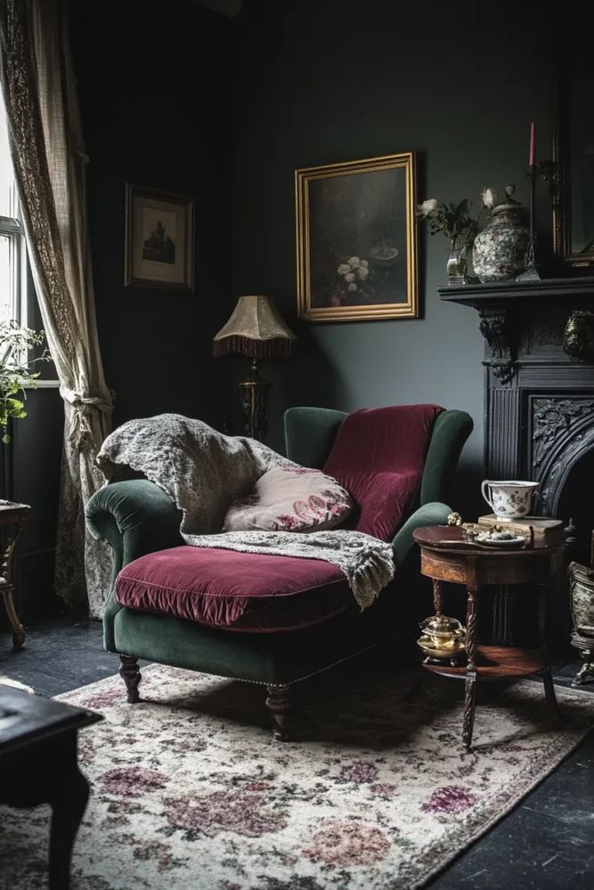 dark cottage core sitting room featuring a maroon and emerald velvet chaise, fur throw, and dark wood fireplace