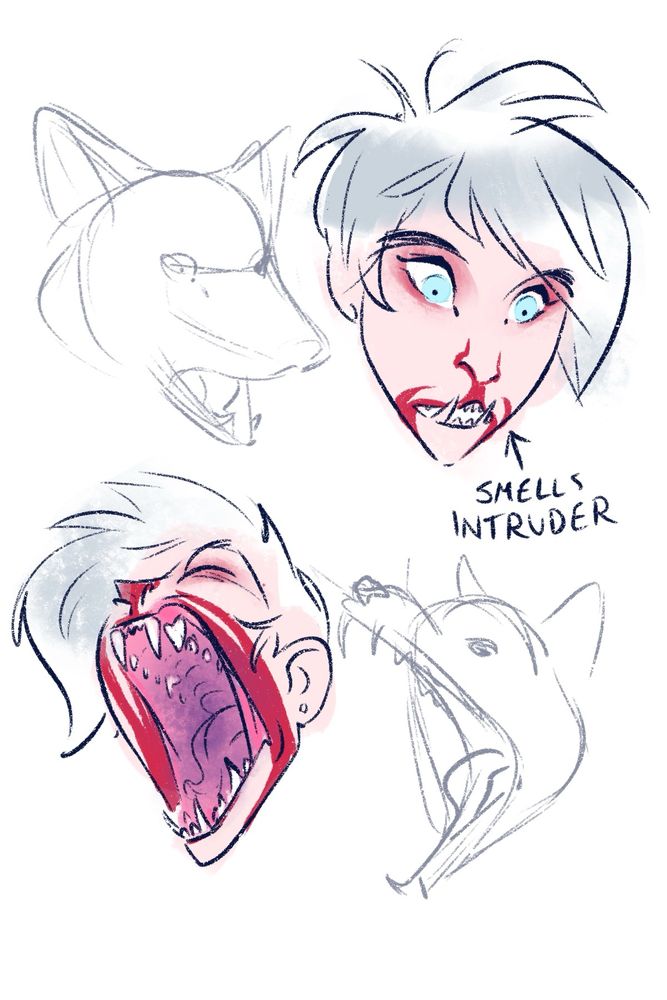 The white-haired woman without her medical mask on. It’s apparent that she wears it to hide her foxlike mouth and bright red markings. One this drawing compares her yawn to the yawn of a fox: their jaw flexibility is very similar. /end 