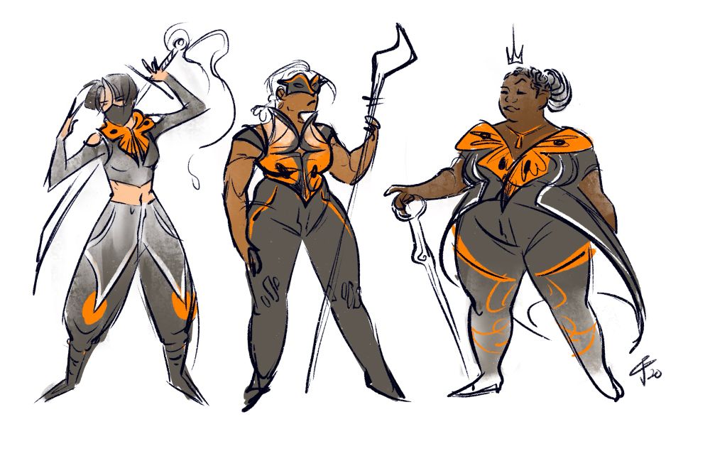 Three women warriors of various body types dressed in fantasy battle clothing. Each outfit has colors and shapes reminiscent of monarch butterflies. One woman wears a mask and carries a long butterfly sword, the next has her arms bared and carries a graceful glaive, and the last sports a tailcoat, crown, and a dueling cane that looks like a knotted branch. /end