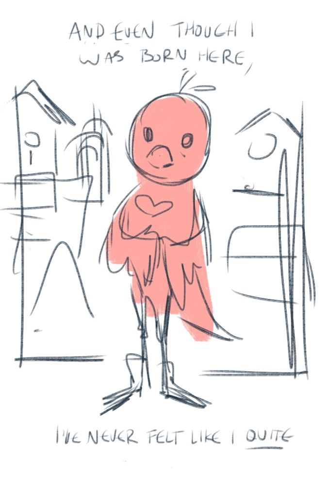 Comic page 5: The little red bird (wearing galoshes) is in center frame, in front of a neighborhood of birdhouses. 

Text: “And even though I was born here, I’ve never felt like I QUITE…”