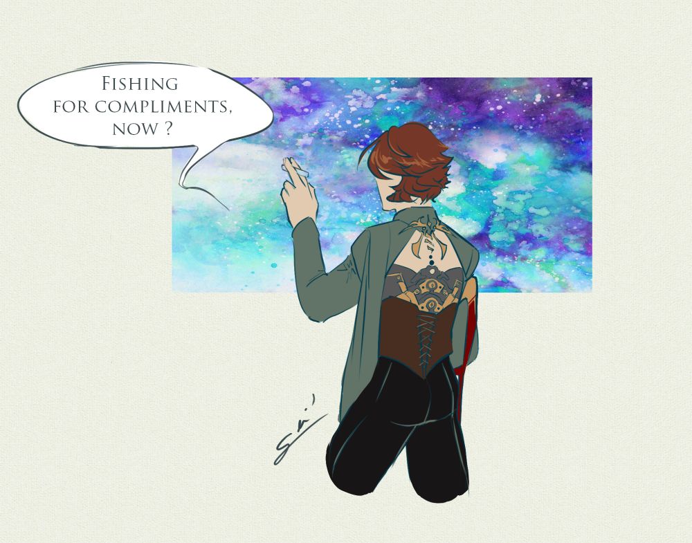 we see viktor's back, a faded green backless top with Zaun emblem, showing his back brace. he's writing something with a chalk. the speech buble says "fishing for compliments, now ?" Simple colors, no shading