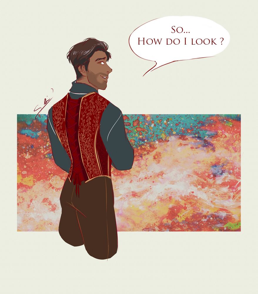 Jayce in a red and gold corset looking over his shoulder. the speech bubble says "so... how do I look ?" simple colors, no shading