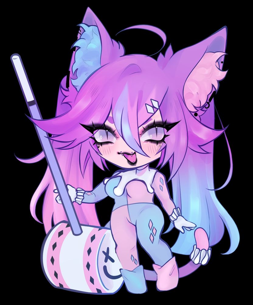 A cat doll png wearing a pastel pink and blue Harley Quinn body suit complete with pastel hammer