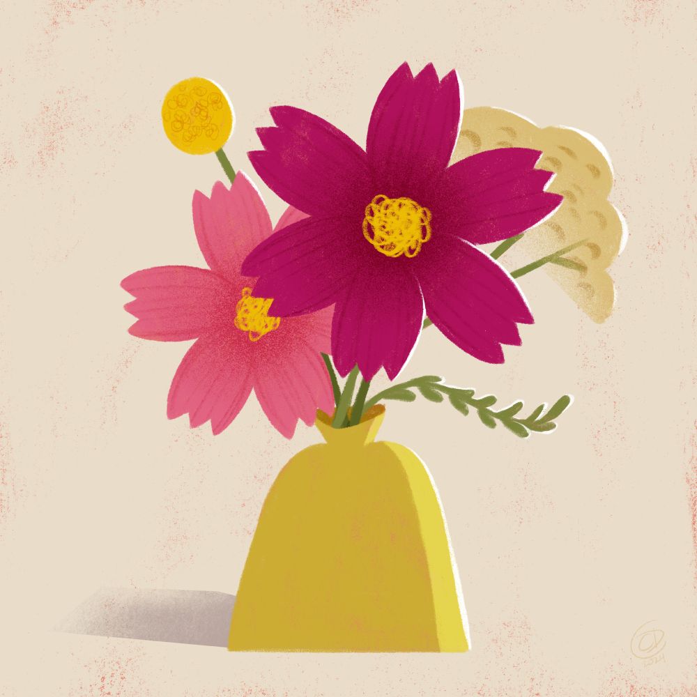 A stylized illustration of a flower pink flower arrangement in a chartreuse green bud vase.  