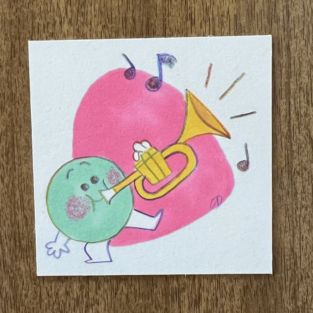 12 colorful miniature pieces of art (3x3”) of playful characters in a jazz band. 