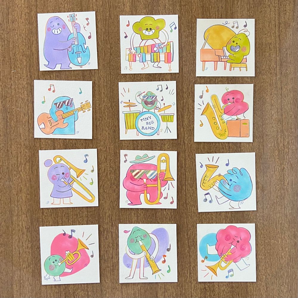 12 colorful miniature pieces of art (3x3”) of playful characters in a jazz band. 