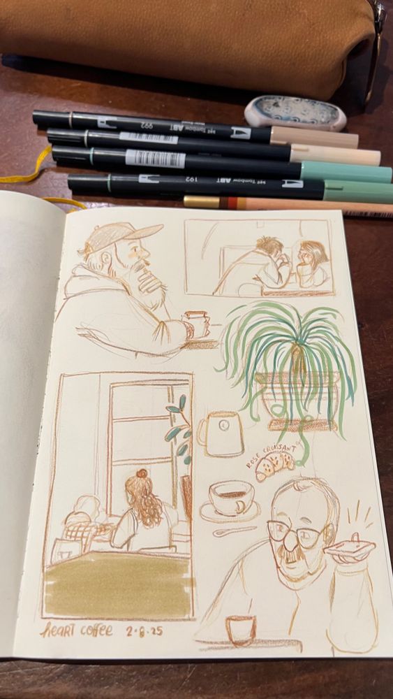 An artist sketchbook that has sketches of their observations in the cafe in a brown hues. 