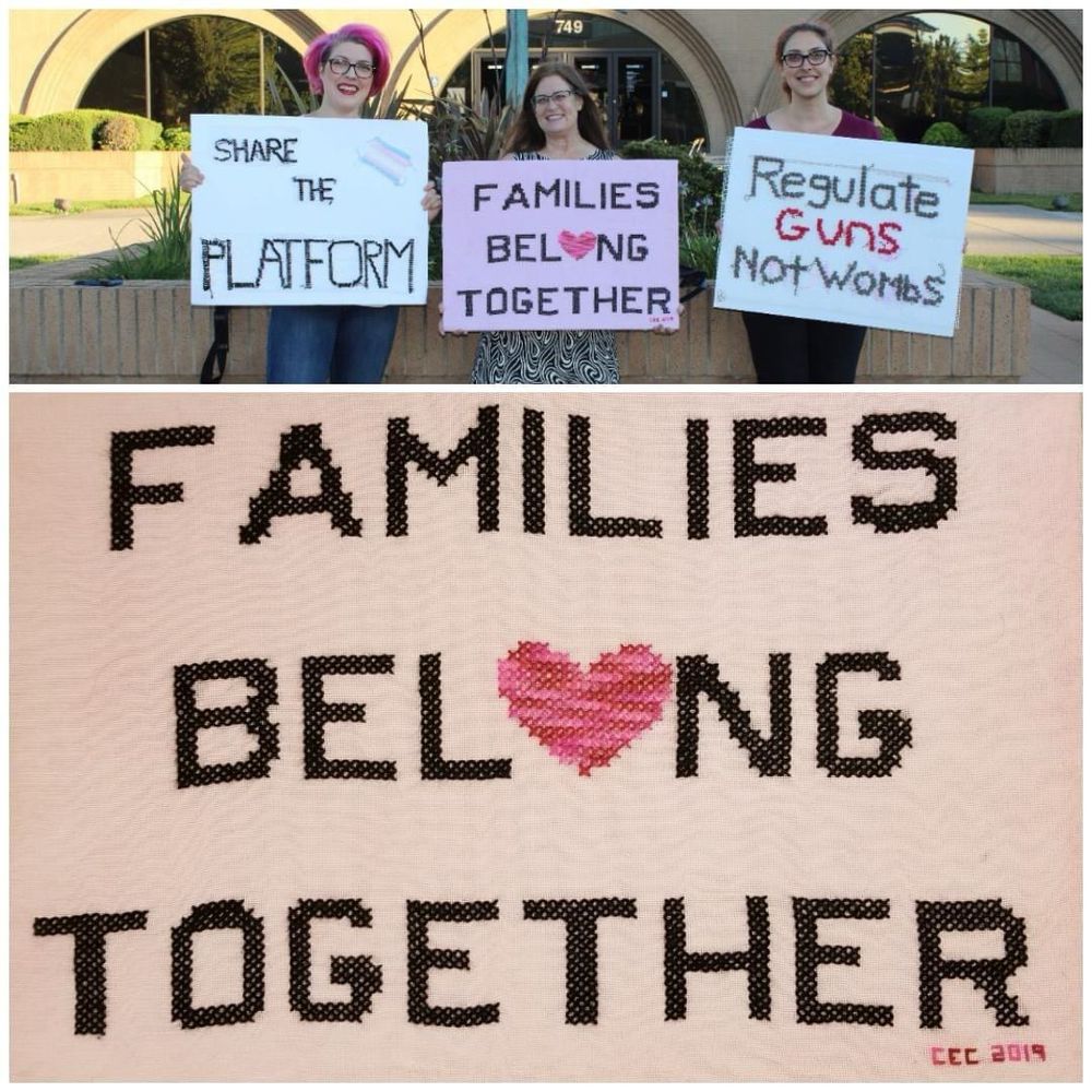 Cross-stitched protest sign black letters on pink background saying:
Families Belong Together


