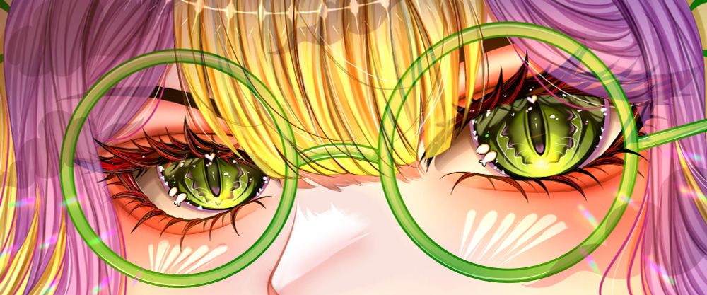 An Eye Banner!  Green almost  glowing cat eyes stare at your trough a nuclear green set of round eye glasses.  The gaze is somewhat cold  and meacing, but with a sense of scientific intrigue as well!

The girl has pink wavey hair with blonde straight bangs around the bridge of the glases. 
Smoke and light dance all over her face!