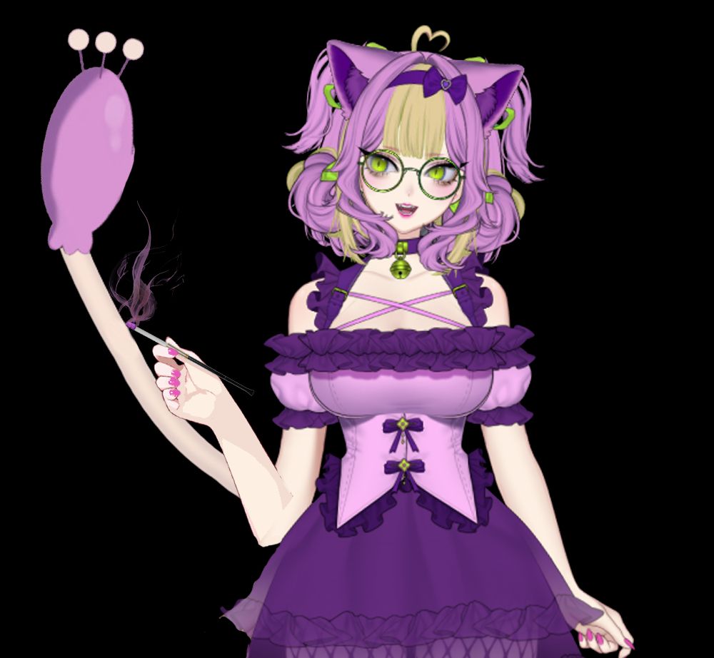 Refference Art for Eneco Schrödinger. A Human looking woman pink  wavey hair with blond straight bangs. She has cat ears with purple fur, and  a strange tail, being skin toned..with a big pink puff  attached or as the tip of the tail with three prongs on the top.
Bright Nuclear green cat eyes stare from underneath round glasses.

Her Dress is a pink top, with purple lace and ribbons, and a purple see trough skirt.  She is wearing a purple choker with a nuclear green catbell!
She is smoking a sigarette using a cigartte holder from the 1920's!