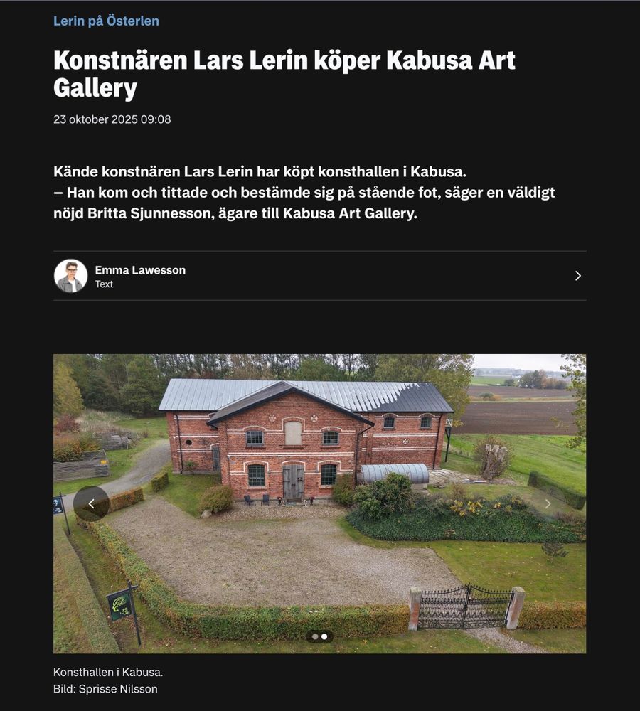 Nyhetstext från ystad allehanda som berättar att Lars Lerin köper Kabusa art gallery. Bild på stor tegelbyggnad som en gång var fabrik