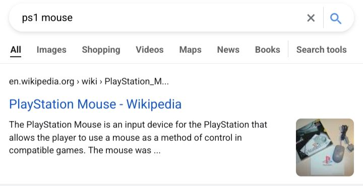 a google search for "ps1 mouse" and the first result being the wikipedia page for "PlayStation Mouse"