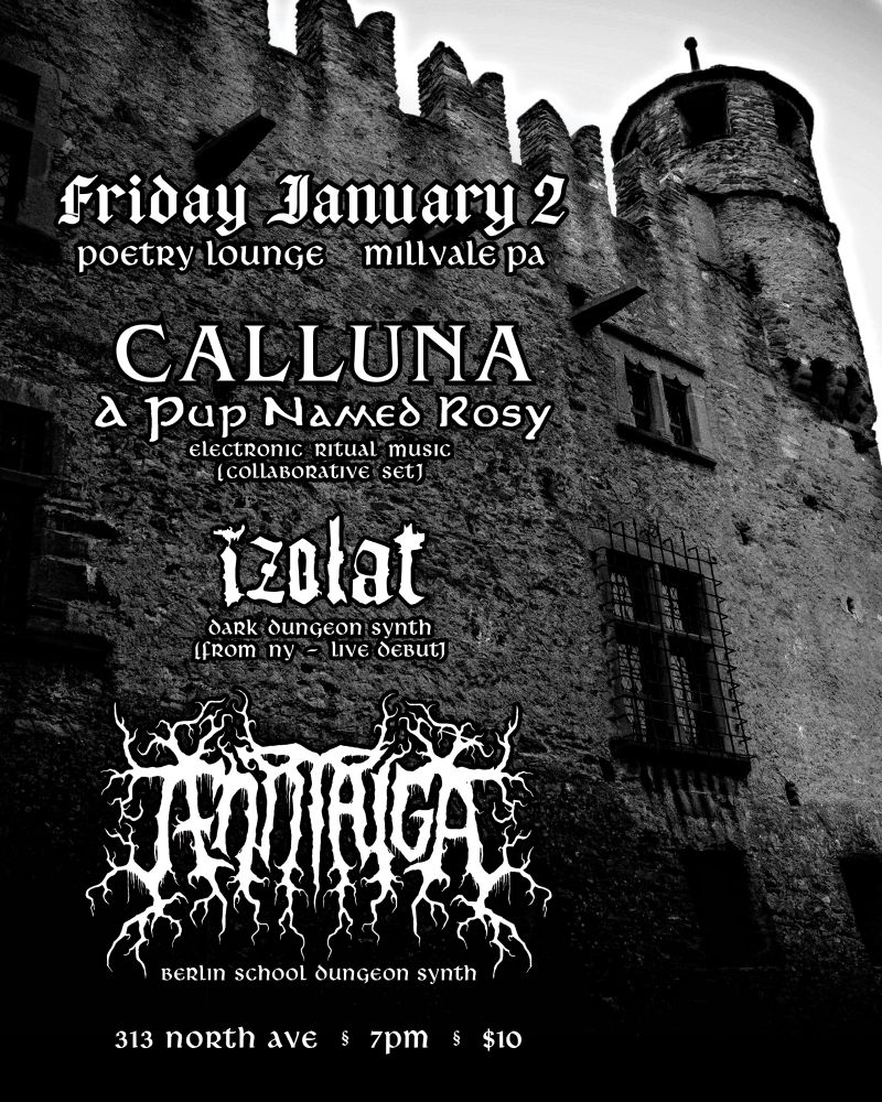 A black and white show flyer featuring a castle. Text reads, "Friday January 2, Poetry Lounge, Millvale PA, Calluna+A Pup Named Rosy (electronic ritual music, collaborative set), Izolat (dark dungeon synth from NY, live debut), Jenn Taiga (Berlin school dungeon synth), 313 North Ave, 7 PM, $10