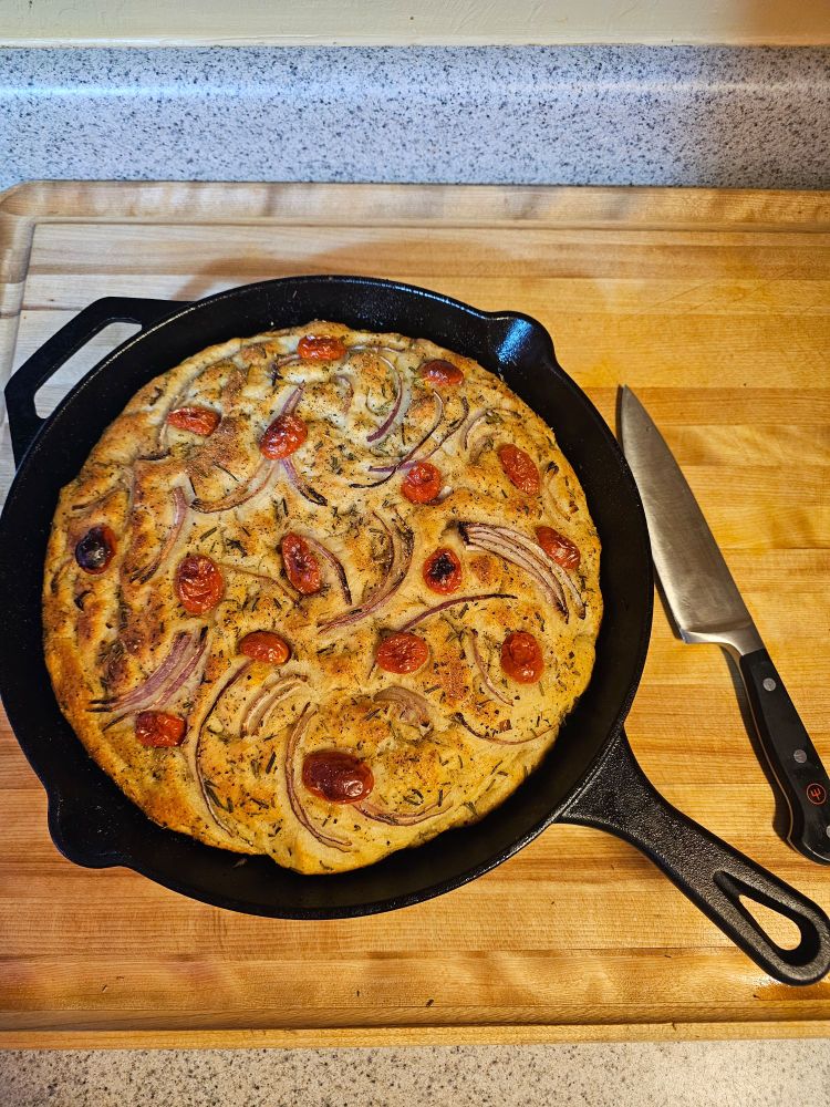 Homemade focaccia in cast iron