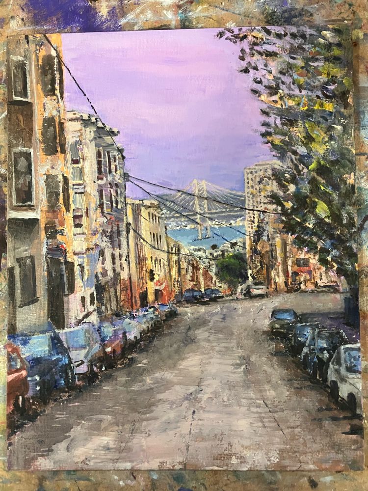 Oil painting of San Francisco street looking out to Oakland Bay Bridge 