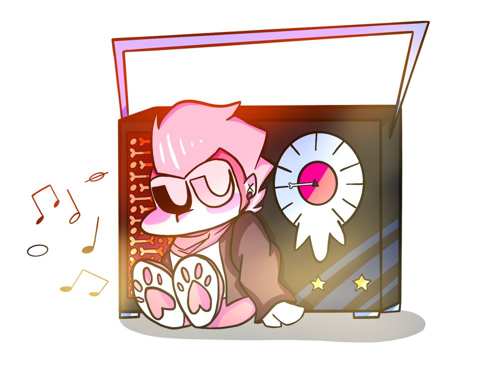 A drawing of @radioshmadio’s D-Side Pico design in chibi form. He is asleep and leaning on a radio behind him; the radio has a volume control knob in the shape of a skull, yellow star shaped buttons at the bottom, a rectangular speaker with bone patterns, and a light blue handle at the top. Music notes are coming out from the speaker. An orange and yellow ombré is overlayed onto the drawing to give it a warm atmosphere.