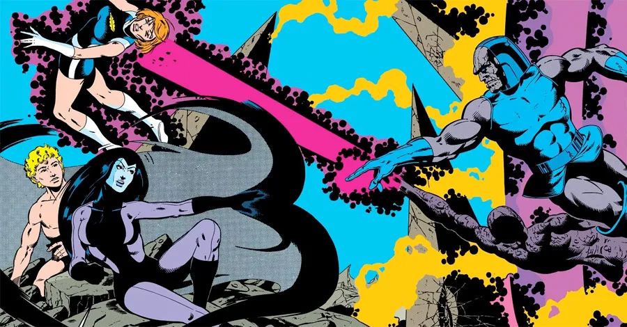 A Keith Giffen two-page spread from Legion of Superheroes. Darkseid and a clone of Orion emerge from a Boom Tube; Orion blasts Light Lass, while Shadow Lass tries to hid a child (a reborn Izaya) behind shadow.