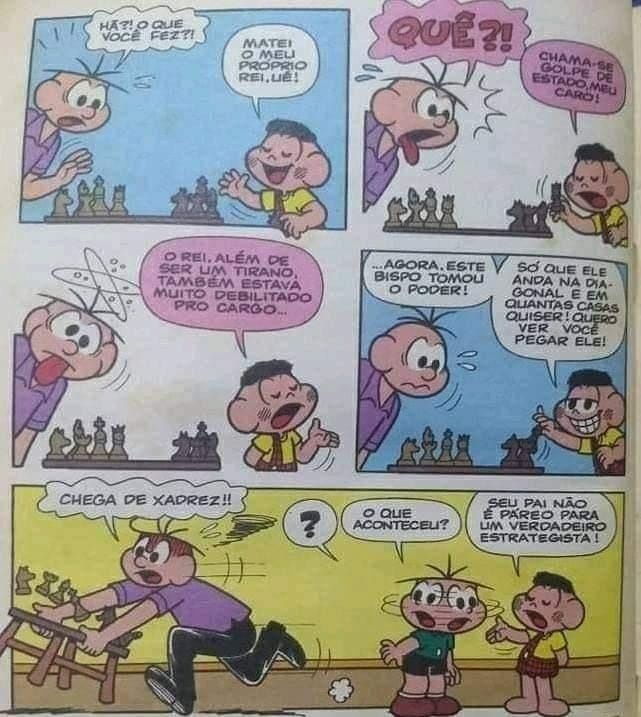 Cascão dando um golpe de Estado no Seu Cebola jogando xadrez. É isso mesmo que você leu