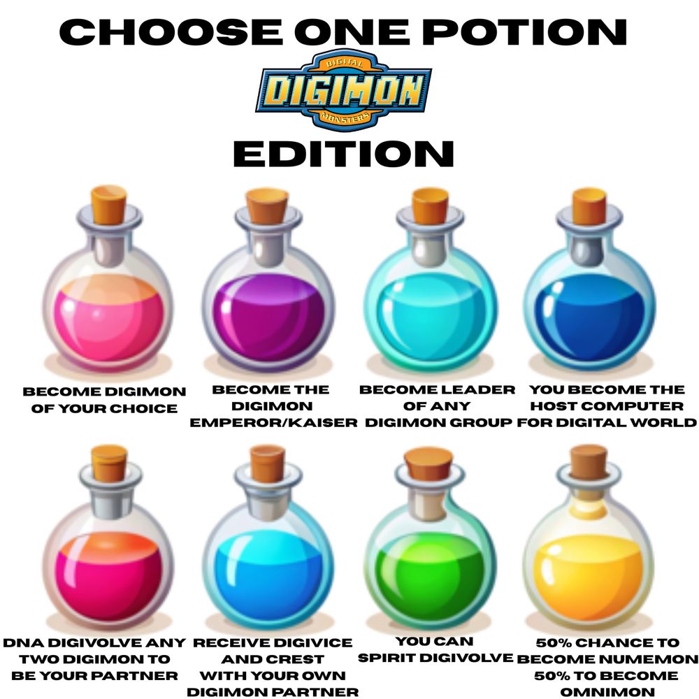 a chart showing 8 potions with different colors. It says "Choose One Potion Digimon Edition"

Potion 1: Become a Digimon of your choice
Potion 2: Become the Digimon Emperor/Kaiser
Potion 3: Become leader of any Digimon group (example: Royal Knights)
Potion 4: You become the host computer for the Digital World
Potion 5: DNA Digivolve any two Digimon to be your partner
Potion 6: Receive Digivice and Crest with your own Digimon partner
Potion 7: You can Spirit Digivolve
Potion 8: 50% chance to become Numemon 50% chance to become Omnimon