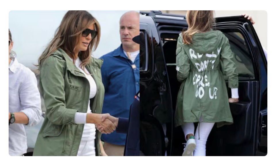 Illegal immigrant/Trvmp’s 3rd wife wearing her tone deaf “I really don’t care, do you?” Jacket in response to the American public’s rightful outrage about Stephen Miller/Drumpf’s family separation actions. 