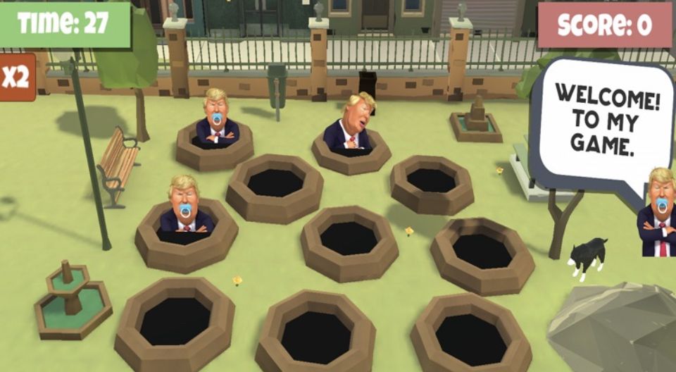 Meme with cartoonish “whack a mole” game but with clownish Trvmp images popping from holes instead of moles. 