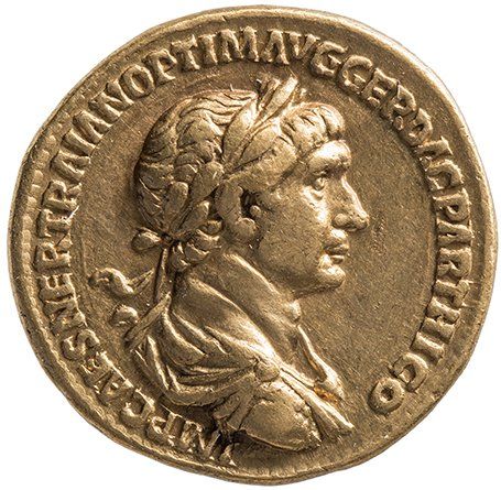 Obverse of a Roman aureus: Bust of Trajan, laureate, draped, cuirassed, right.