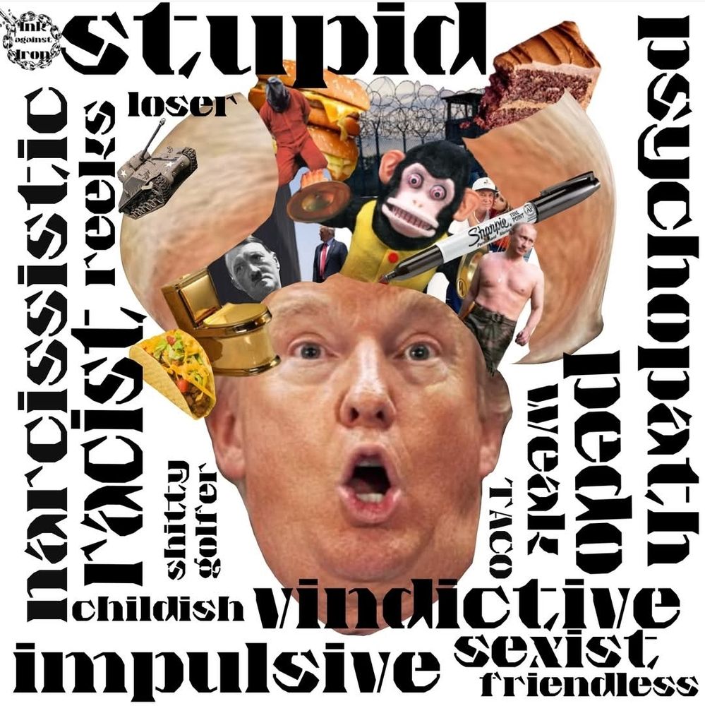 Trump photo with head open and various things spilling out. Putin, taco, tanks, Hitler, sharpie. Words around it: stupid, sexist, racist, weak...