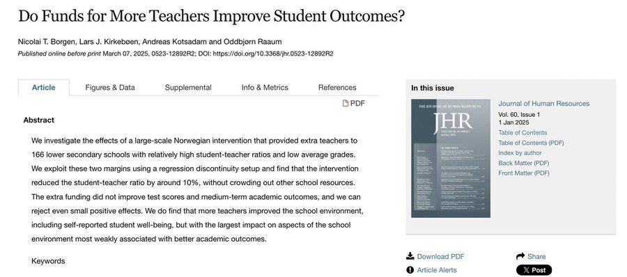 Do Funds for More Teachers Improve Student Outcomes?
Nicolai T. Borgen, Lars J. Kirkebøen, Andreas Kotsadam and Oddbjørn Raaum
We investigate the effects of a large-scale Norwegian intervention that provided extra teachers to 166 lower secondary schools with relatively high student-teacher ratios and low average grades. We exploit these two margins using a regression discontinuity setup and find that the intervention reduced the student-teacher ratio by around 10%, without crowding out other school resources. The extra funding did not improve test scores and medium-term academic outcomes, and we can reject even small positive effects. We do find that more teachers improved the school environment, including self-reported student well-being, but with the largest impact on aspects of the school environment most weakly associated with better academic outcomes.