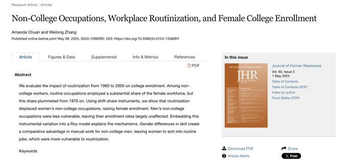 Non-College Occupations, Workplace Routinization, and Female College Enrollment
Amanda Chuan and Weilong Zhang
We evaluate the impact of routinization from 1960 to 2000 on college enrollment. Among non-college workers, routine occupations employed a substantial share of the female workforce, but this share plummeted from 1970 on. Using shift-share instruments, we show that routinization displaced women’s non-college occupations, raising female enrollment. Men’s non-college occupations were less vulnerable, leaving their enrollment rates largely unaffected. Embedding this instrumental variation into a Roy model explains the mechanisms. Gender differences in skill create a comparative advantage in manual work for non-college men, leaving women to sort into routine jobs, which were more vulnerable to routinization.