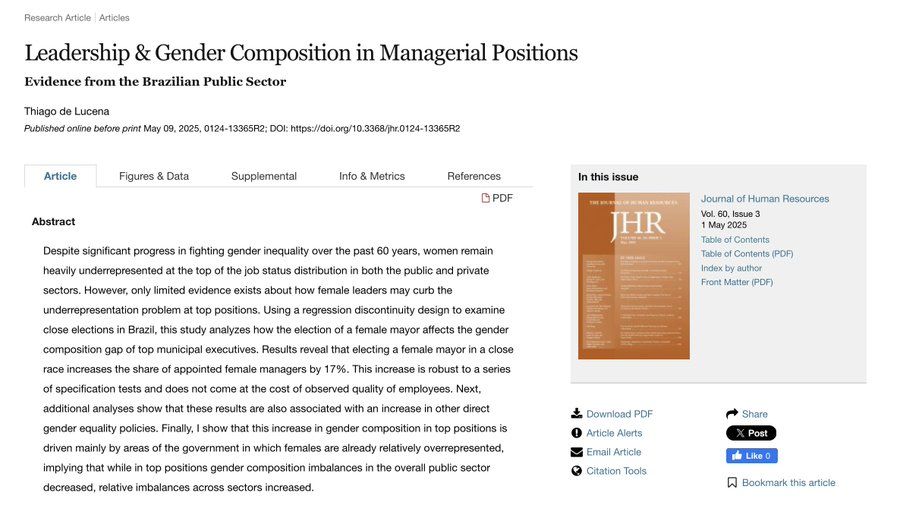 Leadership & Gender Composition in Managerial Positions
Evidence from the Brazilian Public Sector
Thiago de Lucena
Despite significant progress in fighting gender inequality over the past 60 years, women remain heavily underrepresented at the top of the job status distribution in both the public and private sectors. However, only limited evidence exists about how female leaders may curb the underrepresentation problem at top positions. Using a regression discontinuity design to examine close elections in Brazil, this study analyzes how the election of a female mayor affects the gender composition gap of top municipal executives. Results reveal that electing a female mayor in a close race increases the share of appointed female managers by 17%. This increase is robust to a series of specification tests and does not come at the cost of observed quality of employees. Next, additional analyses show that these results are also associated with an increase in other direct gender equality policies. Finally, I show that this increase in gender composition in top positions is driven mainly by areas of the government in which females are already relatively overrepresented, implying that while in top positions gender composition imbalances in the overall public sector decreased, relative imbalances across sectors increased.