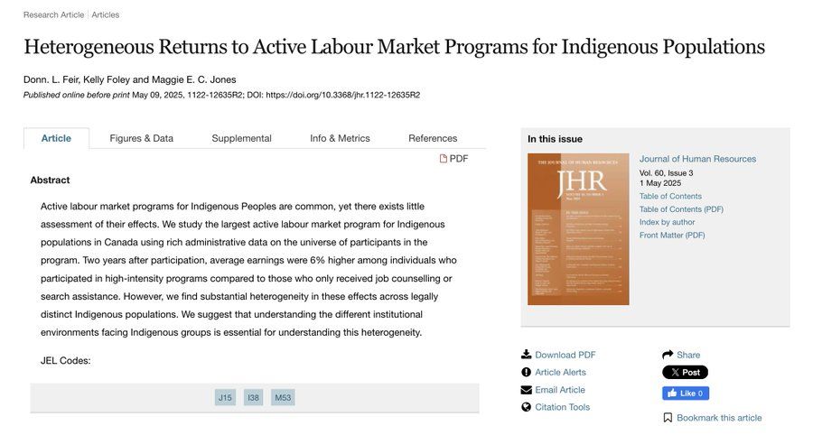 Heterogeneous Returns to Active Labour Market Programs for Indigenous Populations
Donn. L. Feir, Kelly Foley and Maggie E. C. Jones
Active labour market programs for Indigenous Peoples are common, yet there exists little assessment of their effects. We study the largest active labour market program for Indigenous populations in Canada using rich administrative data on the universe of participants in the program. Two years after participation, average earnings were 6% higher among individuals who participated in high-intensity programs compared to those who only received job counselling or search assistance. However, we find substantial heterogeneity in these effects across legally distinct Indigenous populations. We suggest that understanding the different institutional environments facing Indigenous groups is essential for understanding this heterogeneity.