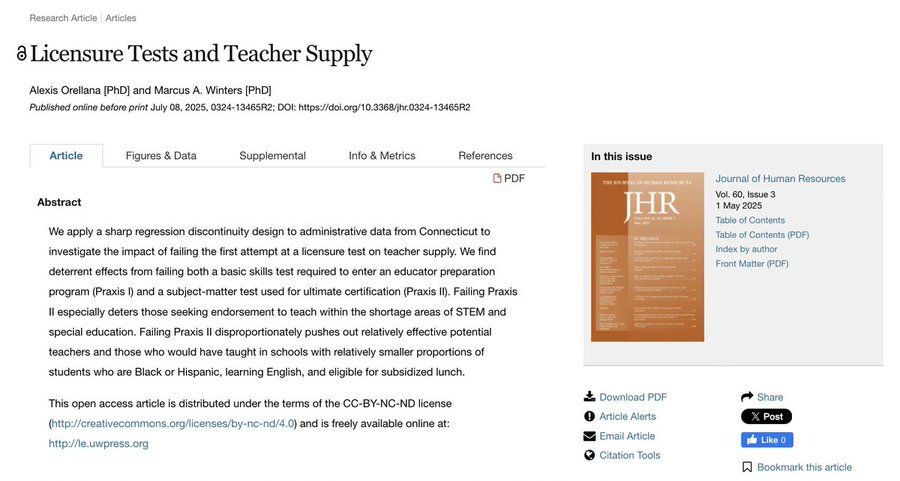 Licensure Tests and Teacher Supply
Alexis Orellana and Marcus A. Winters
We apply a sharp regression discontinuity design to administrative data from Connecticut to investigate the impact of failing the first attempt at a licensure test on teacher supply. We find deterrent effects from failing both a basic skills test required to enter an educator preparation program (Praxis I) and a subject-matter test used for ultimate certification (Praxis II). Failing Praxis II especially deters those seeking endorsement to teach within the shortage areas of STEM and special education. Failing Praxis II disproportionately pushes out relatively effective potential teachers and those who would have taught in schools with relatively smaller proportions of students who are Black or Hispanic, learning English, and eligible for subsidized lunch.