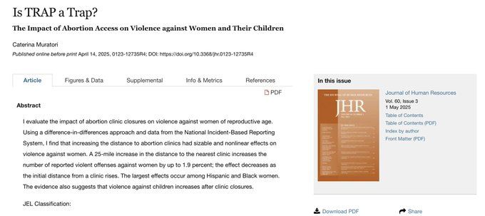 Is TRAP a Trap? The Impact of Abortion Access on Violence against Women and Their Children
Caterina Muratori
I evaluate the impact of abortion clinic closures on violence against women of reproductive age. Using a difference-in-differences approach and data from the National Incident-Based Reporting System, I find that increasing the distance to abortion clinics had sizable and nonlinear effects on violence against women. A 25-mile increase in the distance to the nearest clinic increases the number of reported violent offenses against women by up to 1.9 percent; the effect decreases as the initial distance from a clinic rises. The largest effects occur among Hispanic and Black women. The evidence also suggests that violence against children increases after clinic closures.