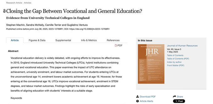 Closing the Gap Between Vocational and General Education?
Evidence from University Technical Colleges in England
Stephen Machin, Sandra McNally, Camille Terrier and Guglielmo Ventura
Vocational education delivery is widely debated, with ongoing efforts to improve its effectiveness. In 2010, England introduced University Technical Colleges (UTCs), hybrid institutions combining general and vocational education. This paper examines the impact of UTC attendance on achievement, university enrolment, and labour market outcomes. For students entering UTCs at the unconventional age 14, enrolment lowers academic achievement at age 16. However, for those entering at the conventional age 16, UTCs improve vocational achievement, enrolment in STEM degrees, and labour market outcomes. Findings highlight the risks of early specialisation and benefits of aligning education with students’ interests at a suitable stage.