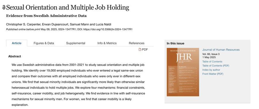 Sexual Orientation and Multiple Job Holding
Evidence from Swedish Administrative Data
We use Swedish administrative data from 2001-2021 to study sexual orientation and multiple job holding. We identify over 19,000 employed individuals who ever entered a legal same-sex union and compare their outcomes with all employed individuals who were only ever in different-sex unions. We find that sexual minority individuals are significantly more likely than otherwise similar heterosexual individuals to hold multiple jobs. We explore four mechanisms: financial constraints, self-insurance, career mobility, and job heterogeneity. We find evidence in line with self-insurance mechanisms for sexual minority men. For women, we find that career mobility is a likely explanation.