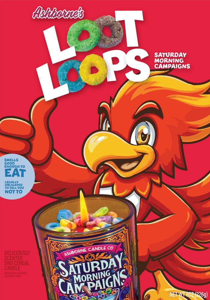 A mock cereal box design of a fictional breakfast cereal and mascot called LOOT LOOPS. Referencing the new Ashborne candle “Saturday morning campaigns” which has a cereal and dnd theme/fragrance. 