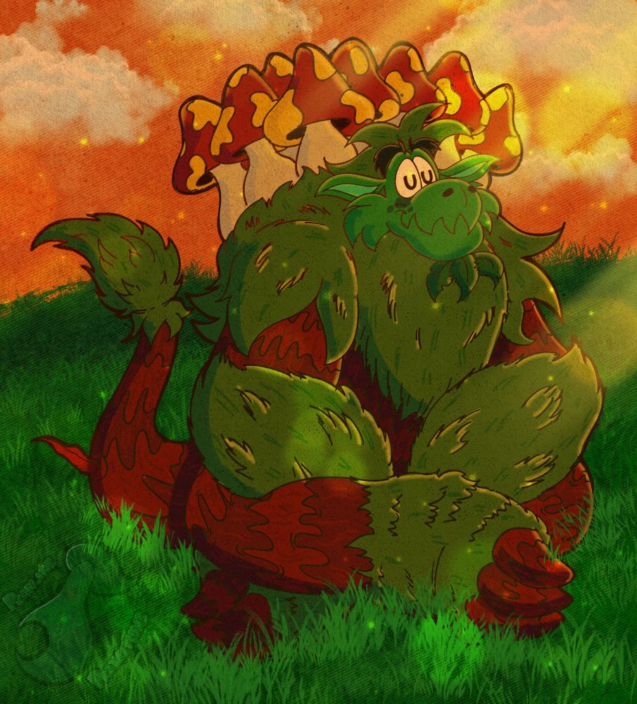 Fungario sits in a grass field, taking in the sun rays of a perfect morning sunrise. With his eyes calmly closed, he embraces the warmth of daybreak.
