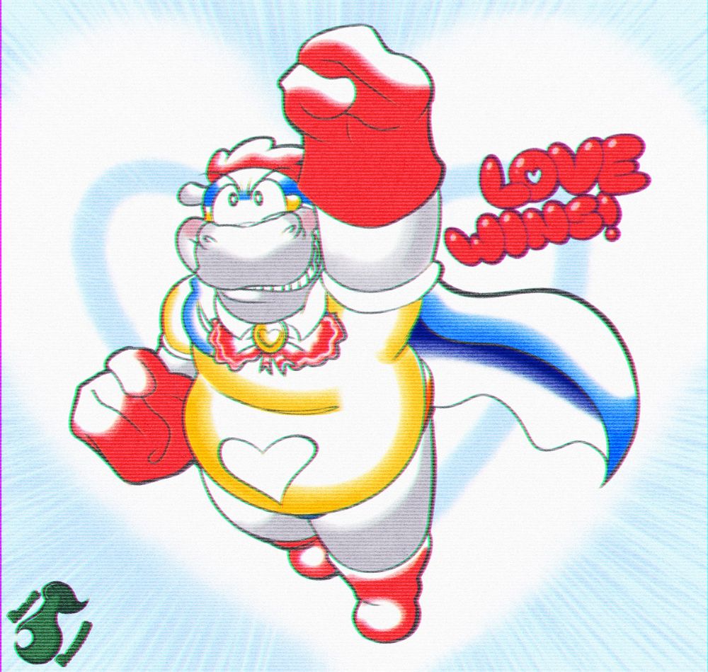 Heart Hippo performing a super hero pose with the text “Love wins!” to his left. 