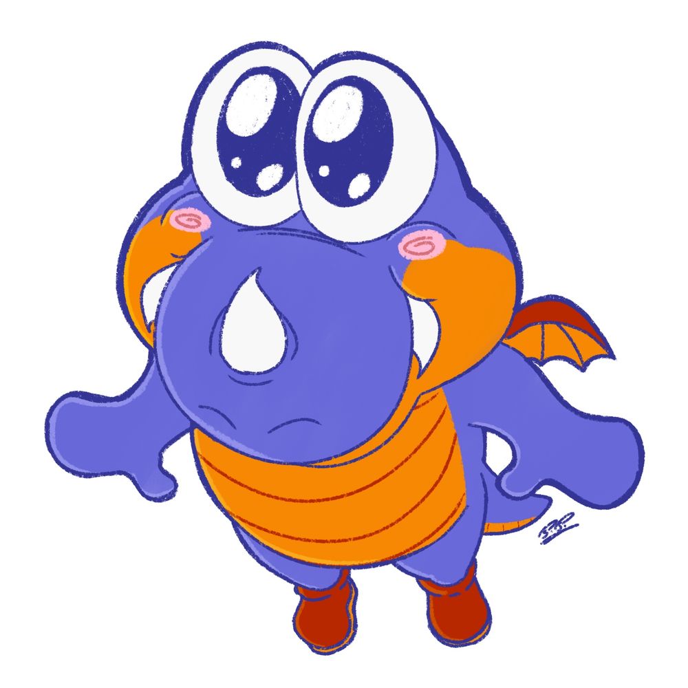 A Rex from the Mario series drawn from a top down perspective, staring with a gleefully innocent smile on its face.