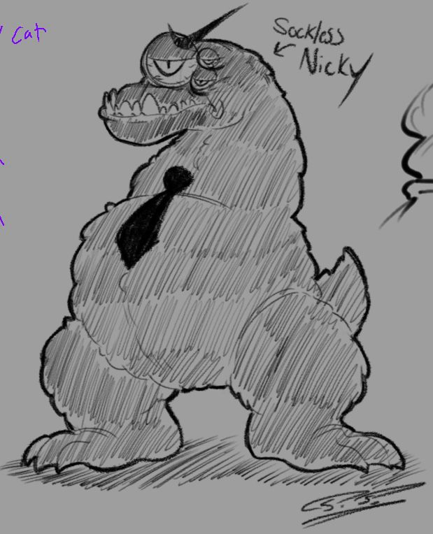 A drawing of Nicky without its sock on its head. It had one large eye with two tiny ones vertically to the left of it. It also has very crooked and uneven rows of teeth.