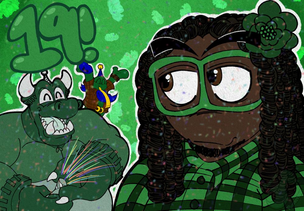 A drawing depicting me with my ocs. The both of them on the left are wearing birthday hats, happily using party favors as I sit by to the right smiling, enjoying the celebration of this joyous day. 