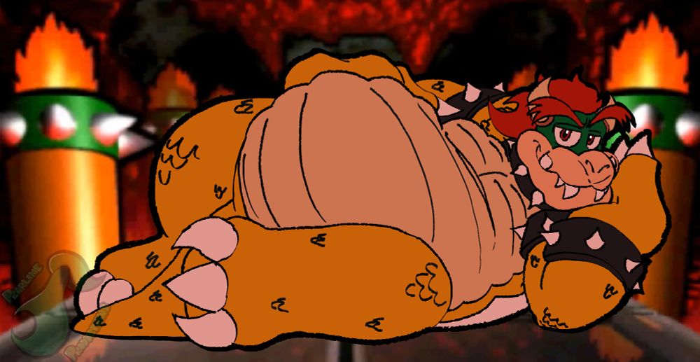 Bowser in his evil lair. He lays on his side, similar to how he occasionally does when you meet up with him after landing on his space in Mario Party 3. He has a smug expression on his face, almost as if he’s been expecting you in some way…