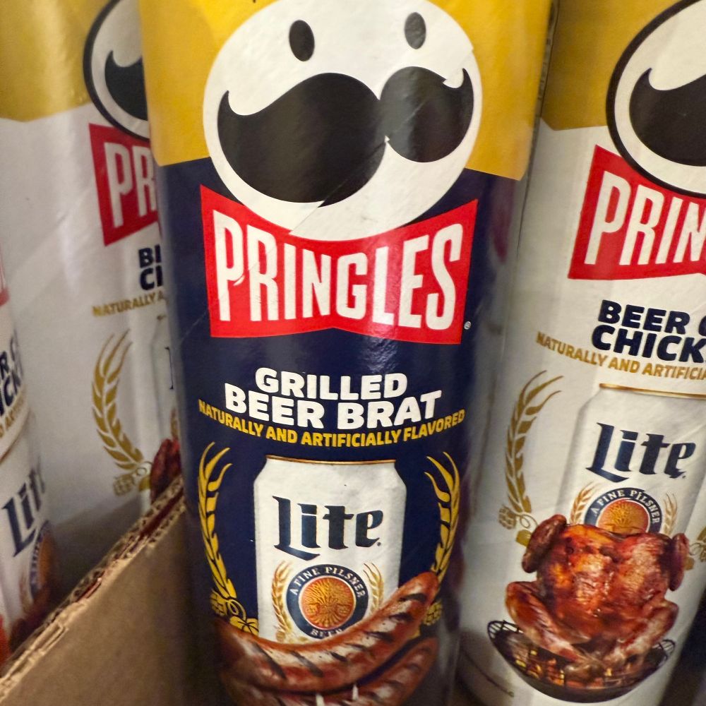 A photo of a can (tube?) of Pringles. 

Naturally and artificially flavored Grilled Beer Brat Pringles. 
