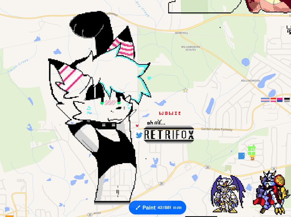 A femboy furry fox, as known as Retri's fursona, with his arm up blushing and wearing a collar with armwear and a crop top. Drawn in a website called wplace.