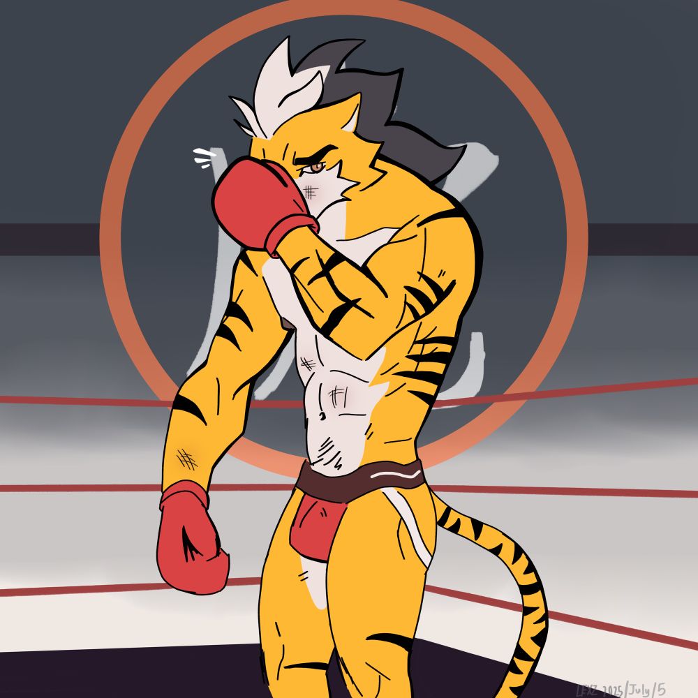 Tyrone is now without boxing shorts and reveals underneath a jock strap. Despite this Tyrone is still ready to fight!