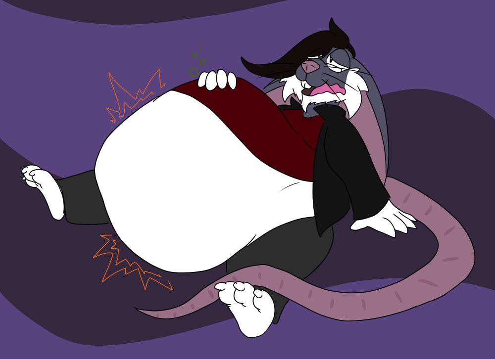 Nezumi sitting with a bloated stomach and a pained expression.